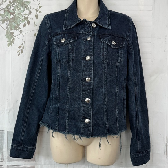 Silent New York Womens Dark Blue Denim Fray Trucker Jean Jacket Medium M - Picture 1 of 11